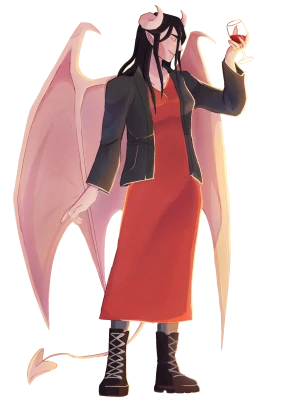 Artist is @oil-bh on Tumblr or @OILBH on Toyhouse. A demon woman holding a wineglass full of red fluid.